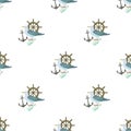 Seamless pattern with seagulls and anchors and weels. Sea nautical marine vector print for child decor or textile. Royalty Free Stock Photo